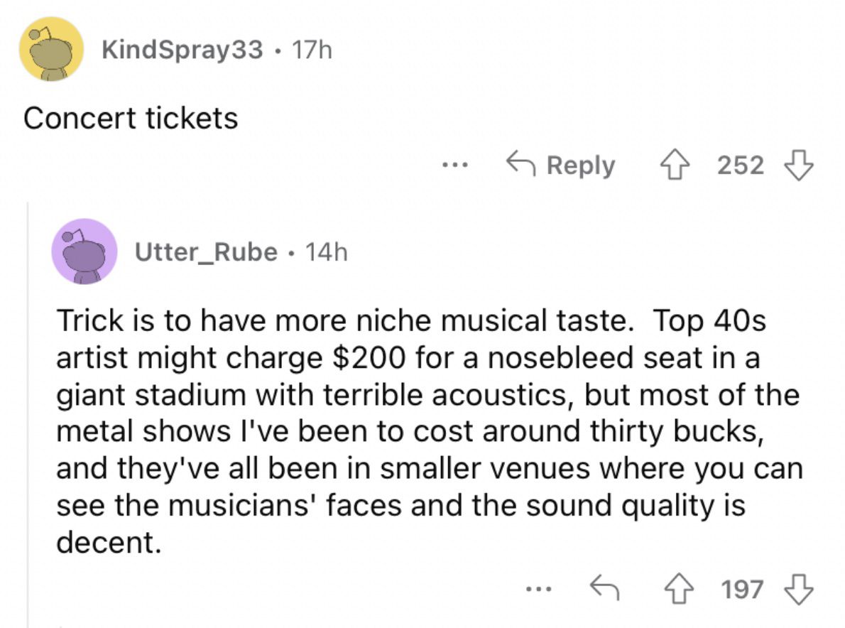 Reddit screenshot about how concerts are very expensive nowadays.