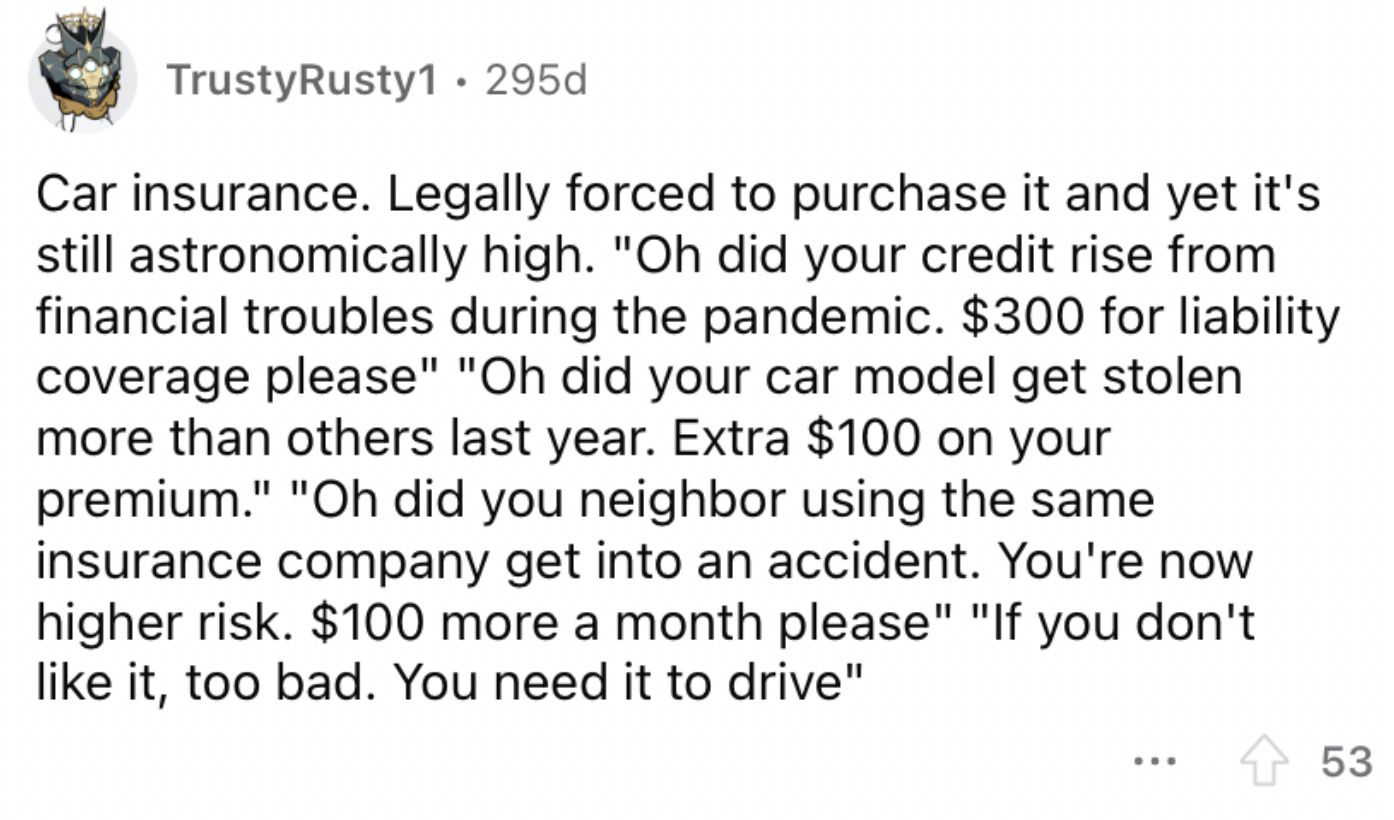 Reddit screenshot about pricey car insurance.
