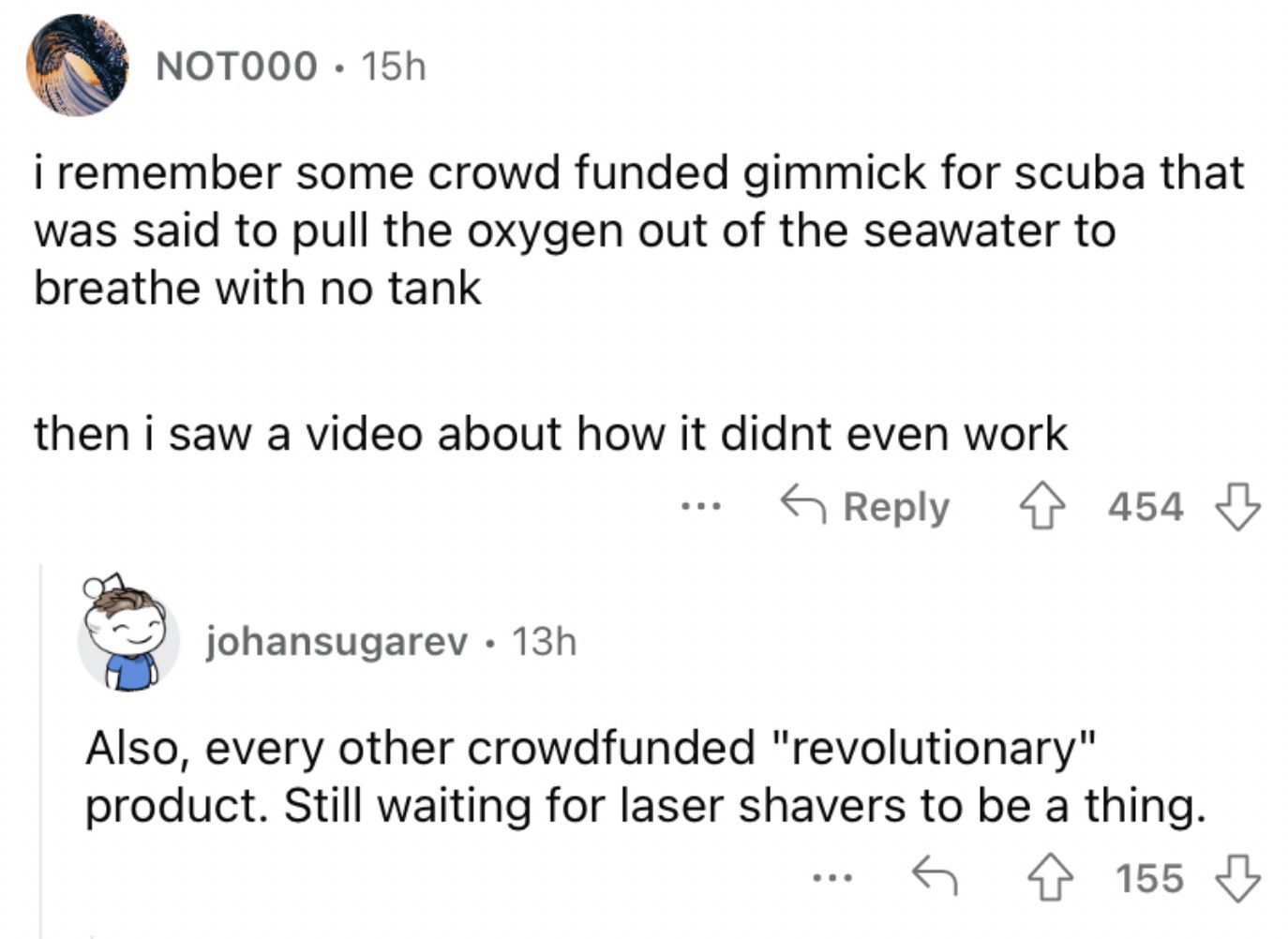 Reddit screenshot about a scuba tank that claimed to put oxygen into the water.