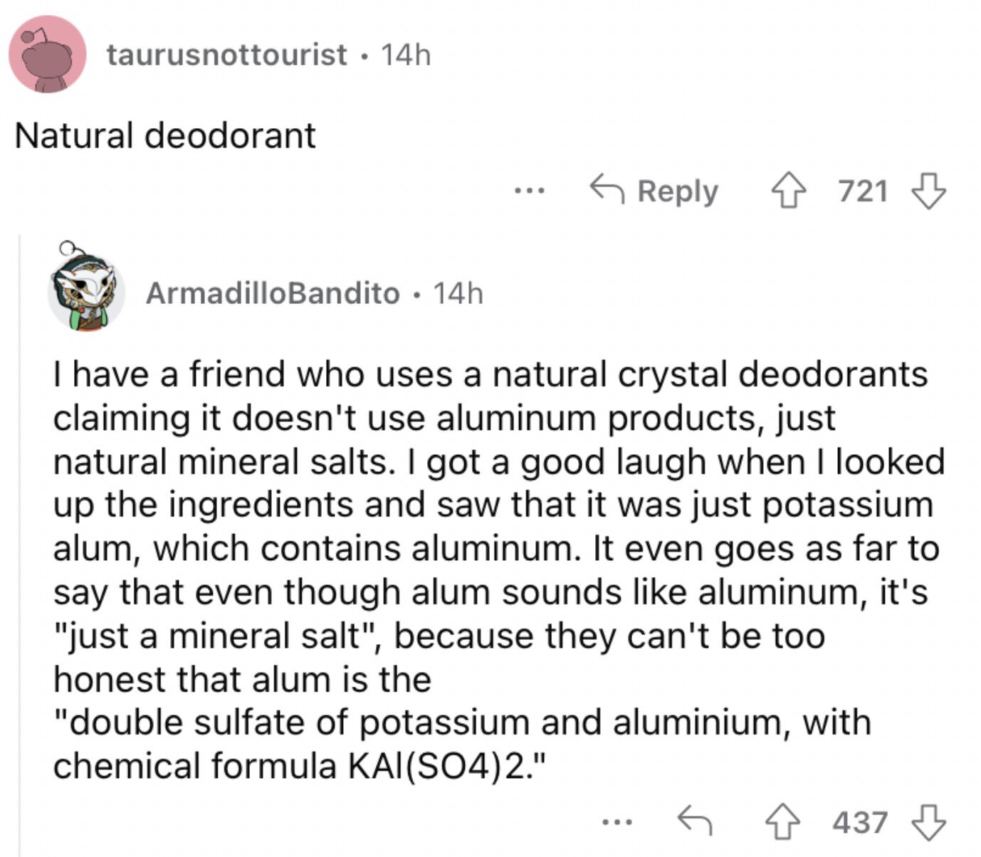 Reddit screenshot about how all-natural deodorants can be absolute nonsense.