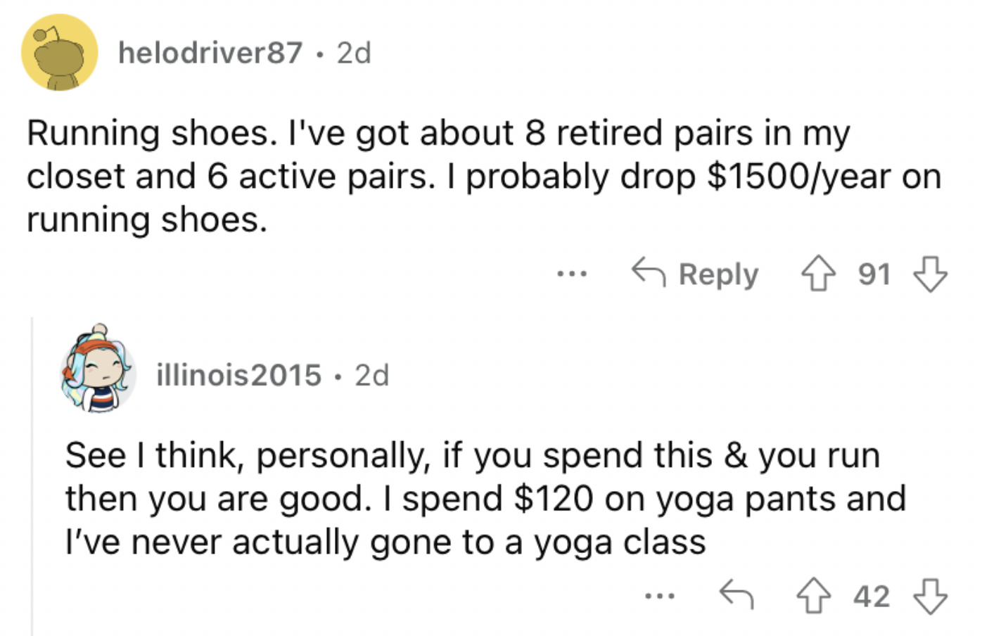 Reddit screenshot of someone talking about spending tons of money on running shoes.