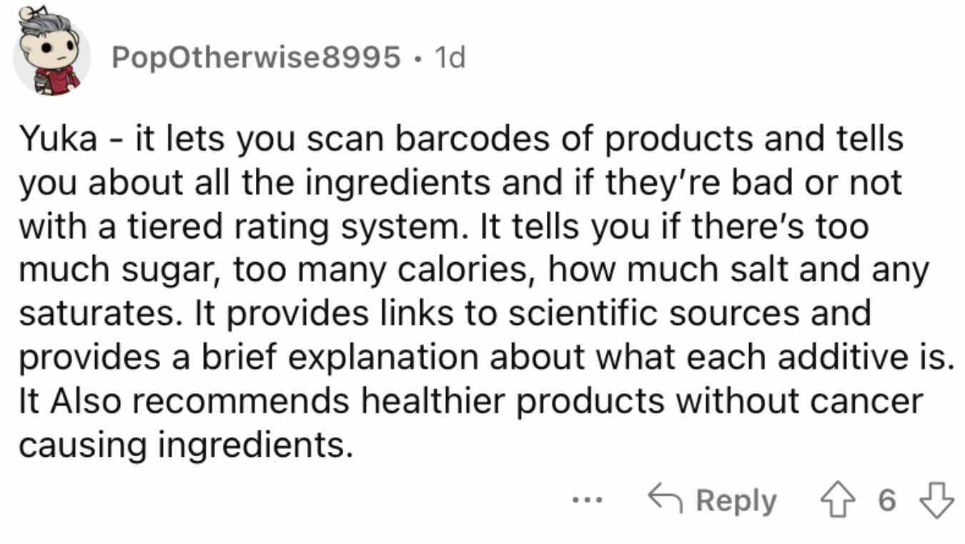 Reddit screenshot about Yuka being a great barcode scanner app.