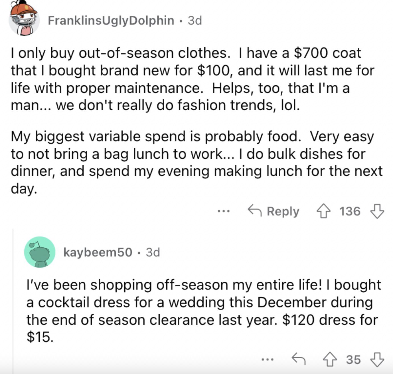 Reddit screenshot about saving money by only buying out of season clothing.