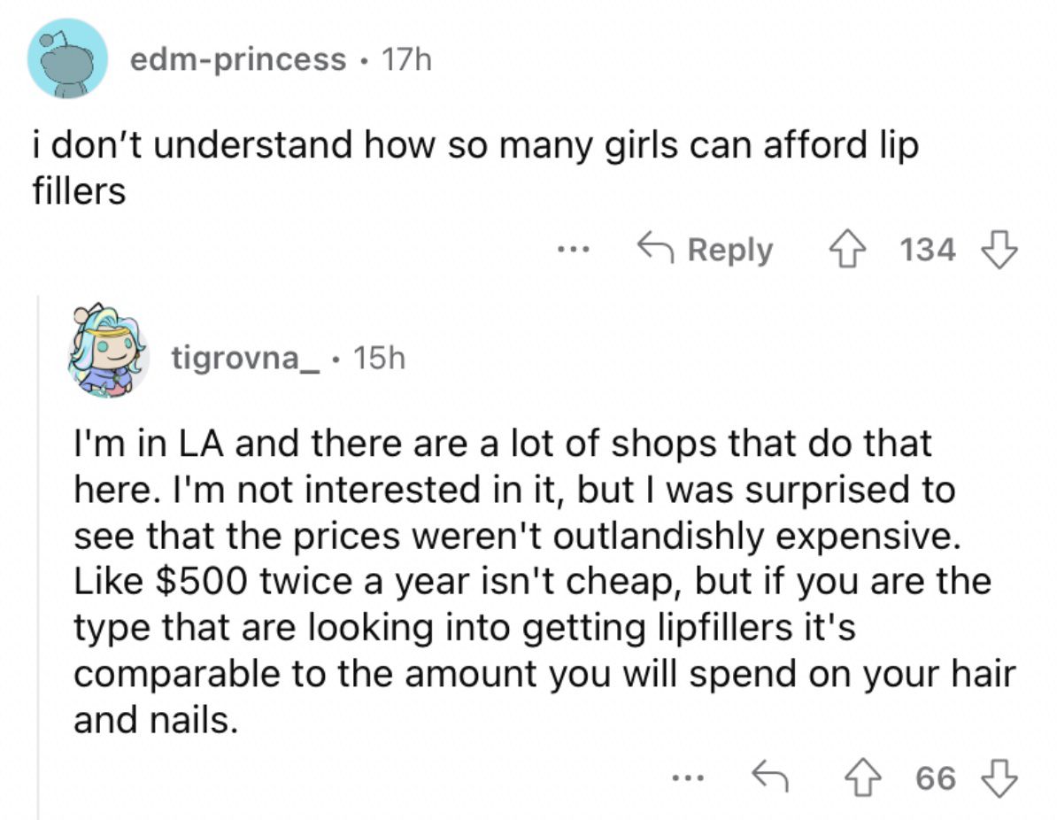 Reddit screenshot about how wild lip filler purchases are to make.