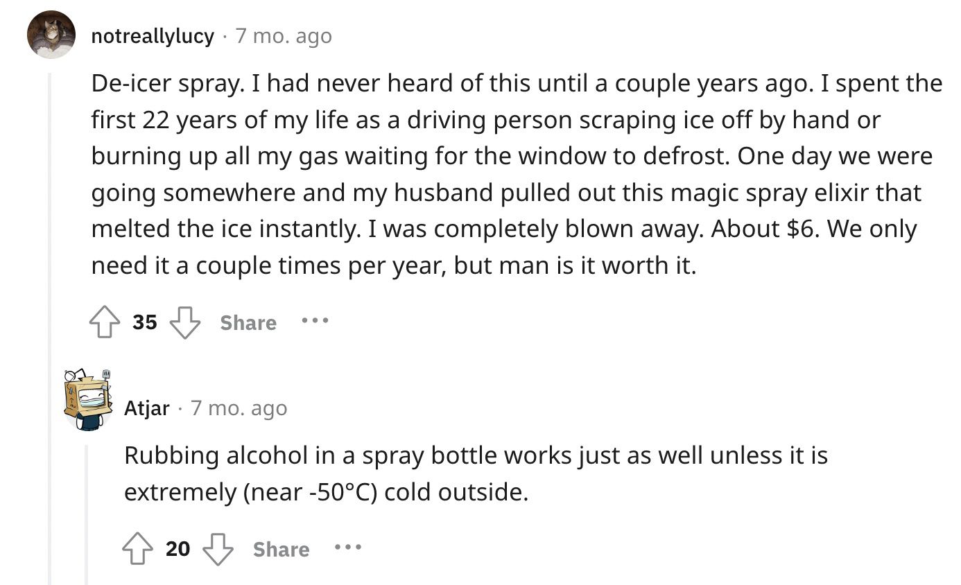 Reddit screenshot about the value of buying de-icer spray.