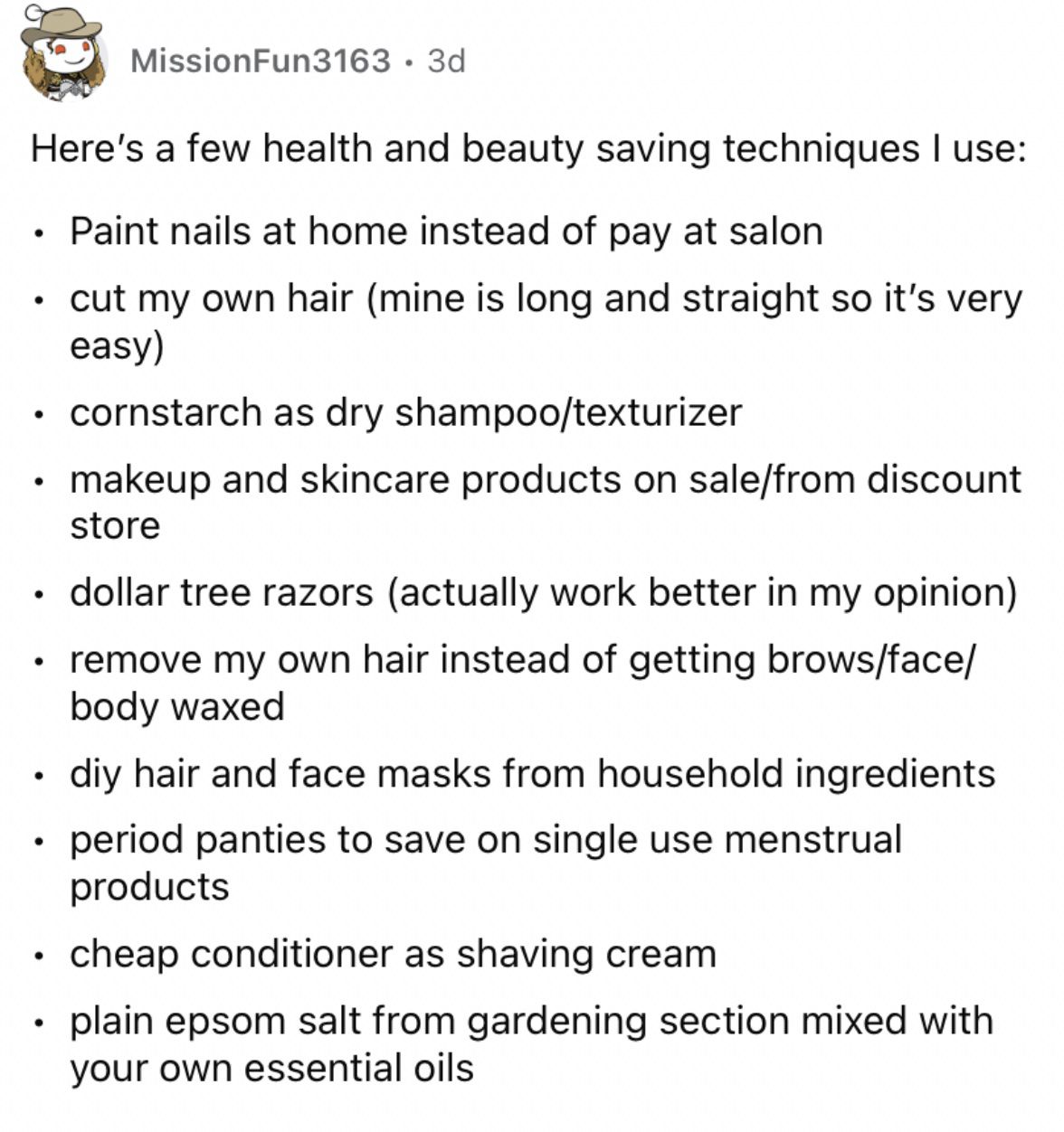 Reddit screenshot about various money-saving tips for at-home beauty products.