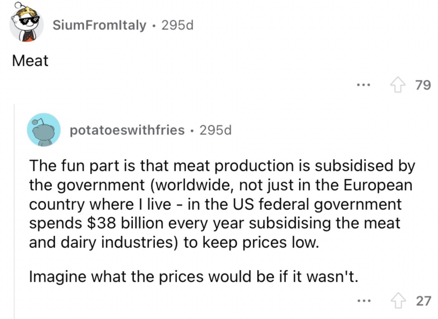 Reddit screenshot about rising costs of meat.