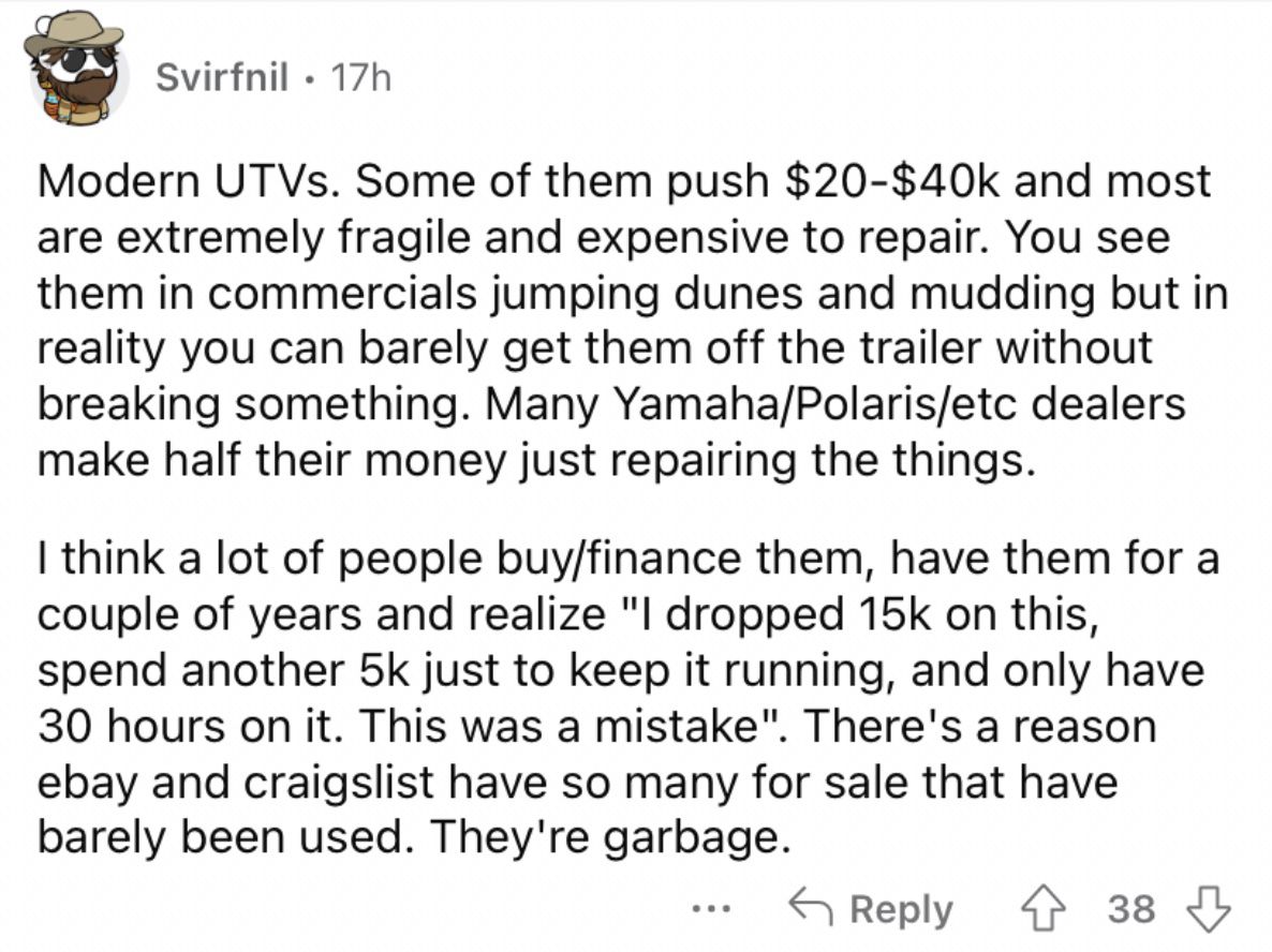 Reddit screenshot about how certain vehicles are terrible investments.