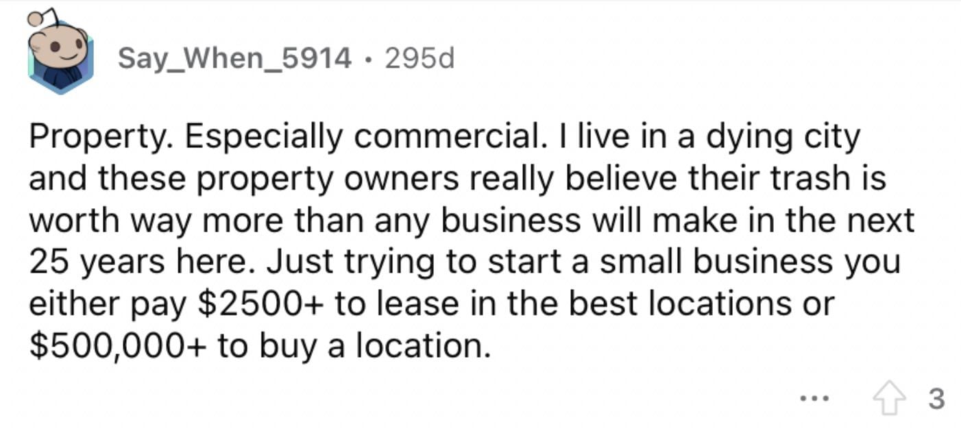 Reddit screenshot of rising costs of property.
