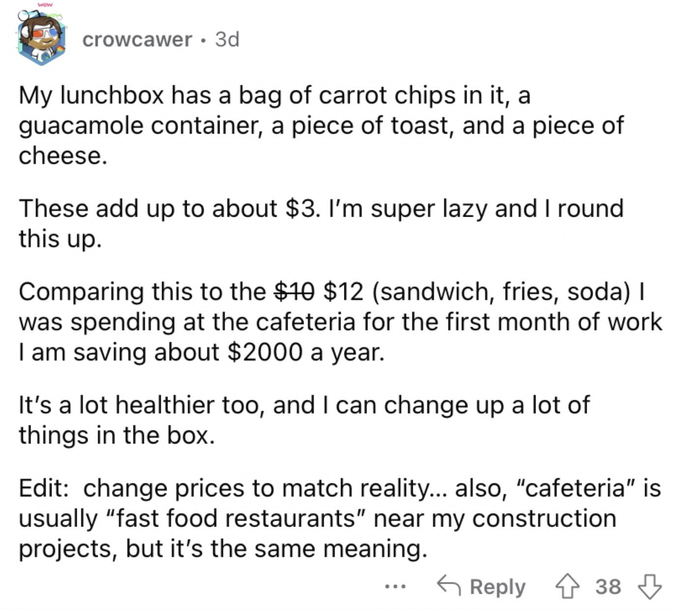 Reddit screenshot about healthier lunch saving money in the long run.
