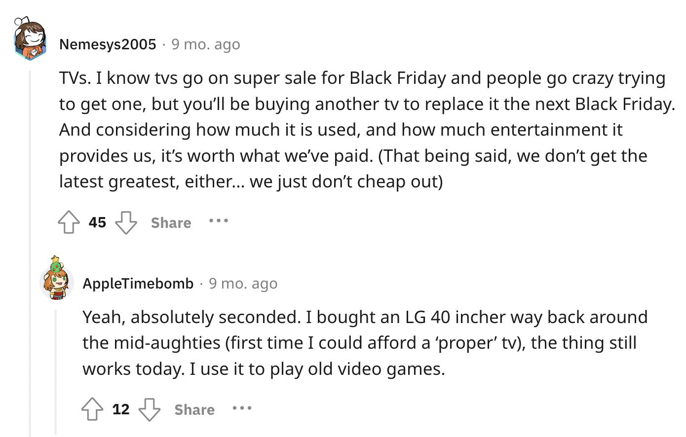 Reddit screenshot about the value of buying a nicer TV.