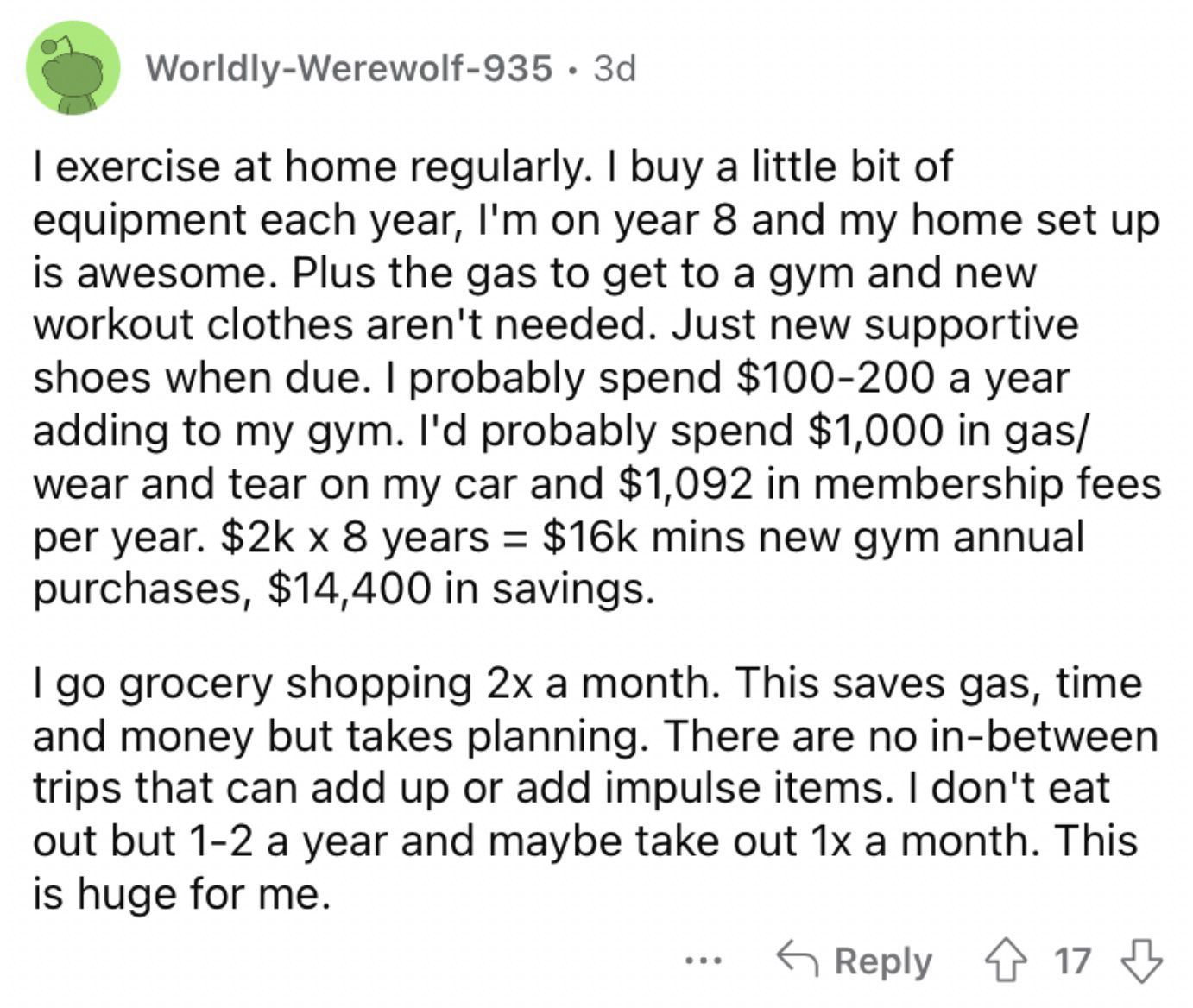 Reddit screenshot about someone saving money with at-home exercise.