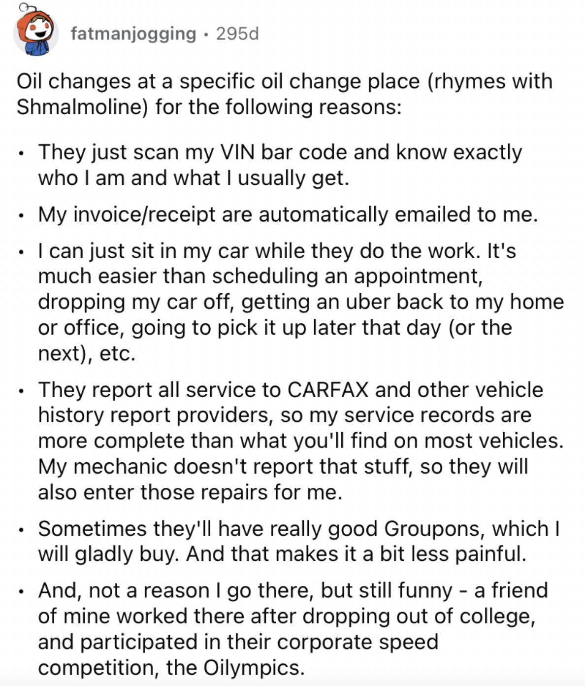 Reddit screenshot about someone spending extra for special oil changes.