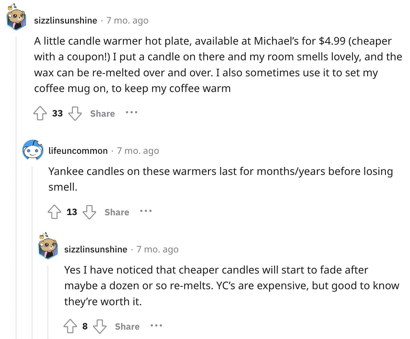 Reddit screenshot about the value of buying a hot plate for candles.