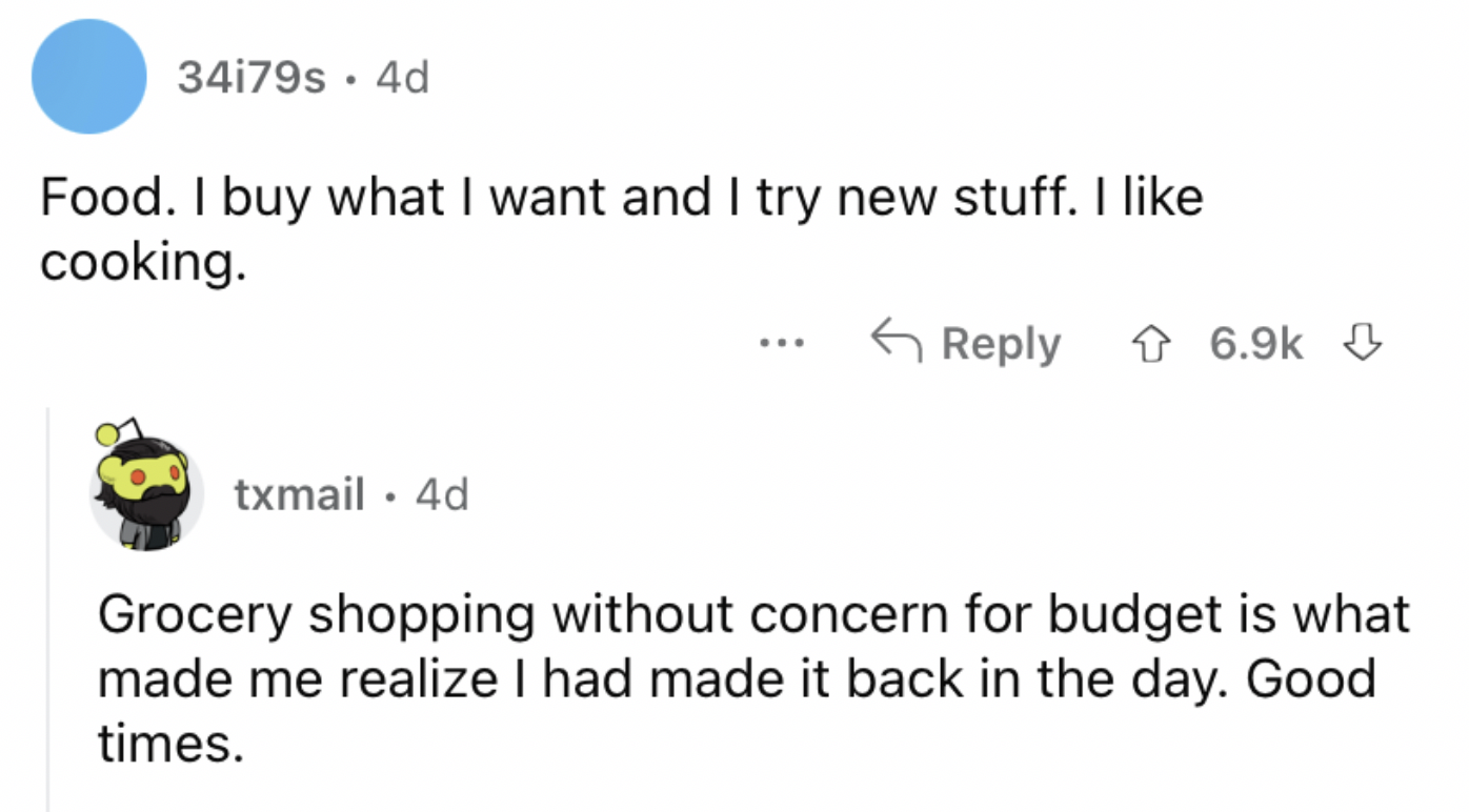 Reddit screenshot of someone talking about buying what they want from the grocery store