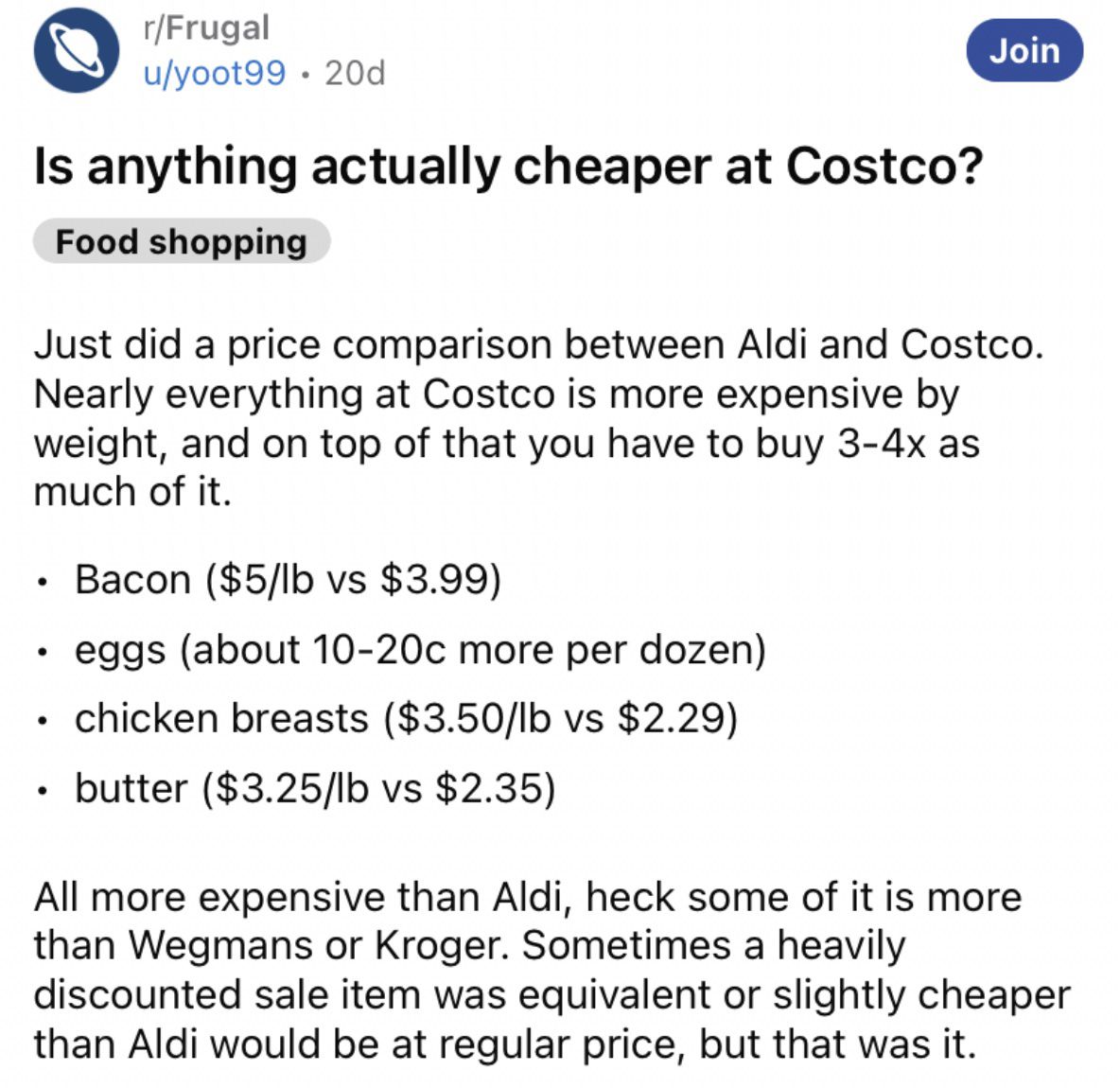 Reddit screenshot about which items are actually cheaper to buy at Costco.