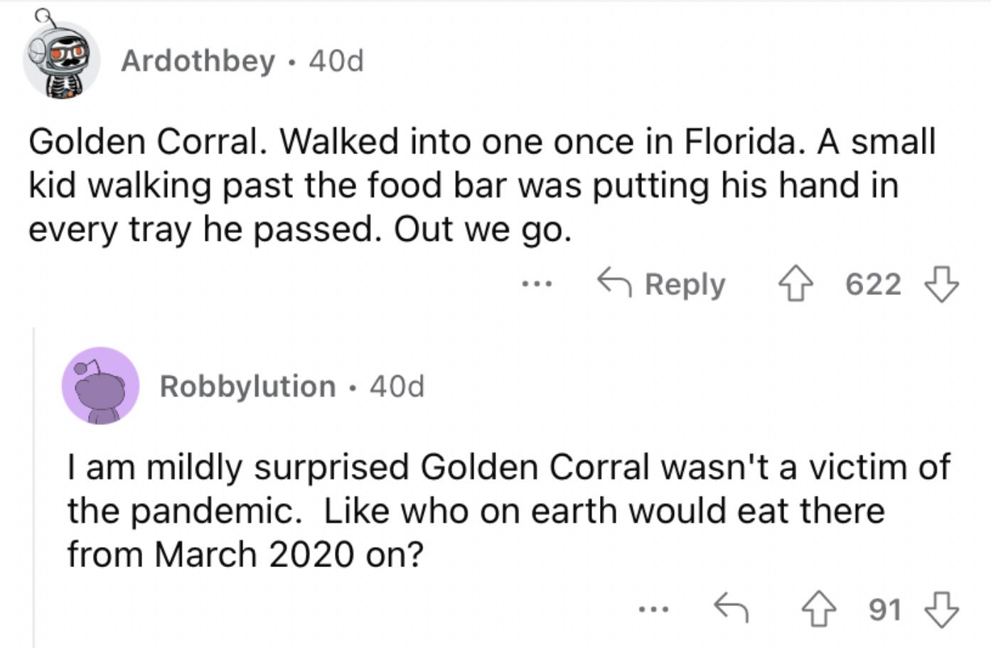 Reddit screenshot from someone who refuses to eat at Golden Corral.