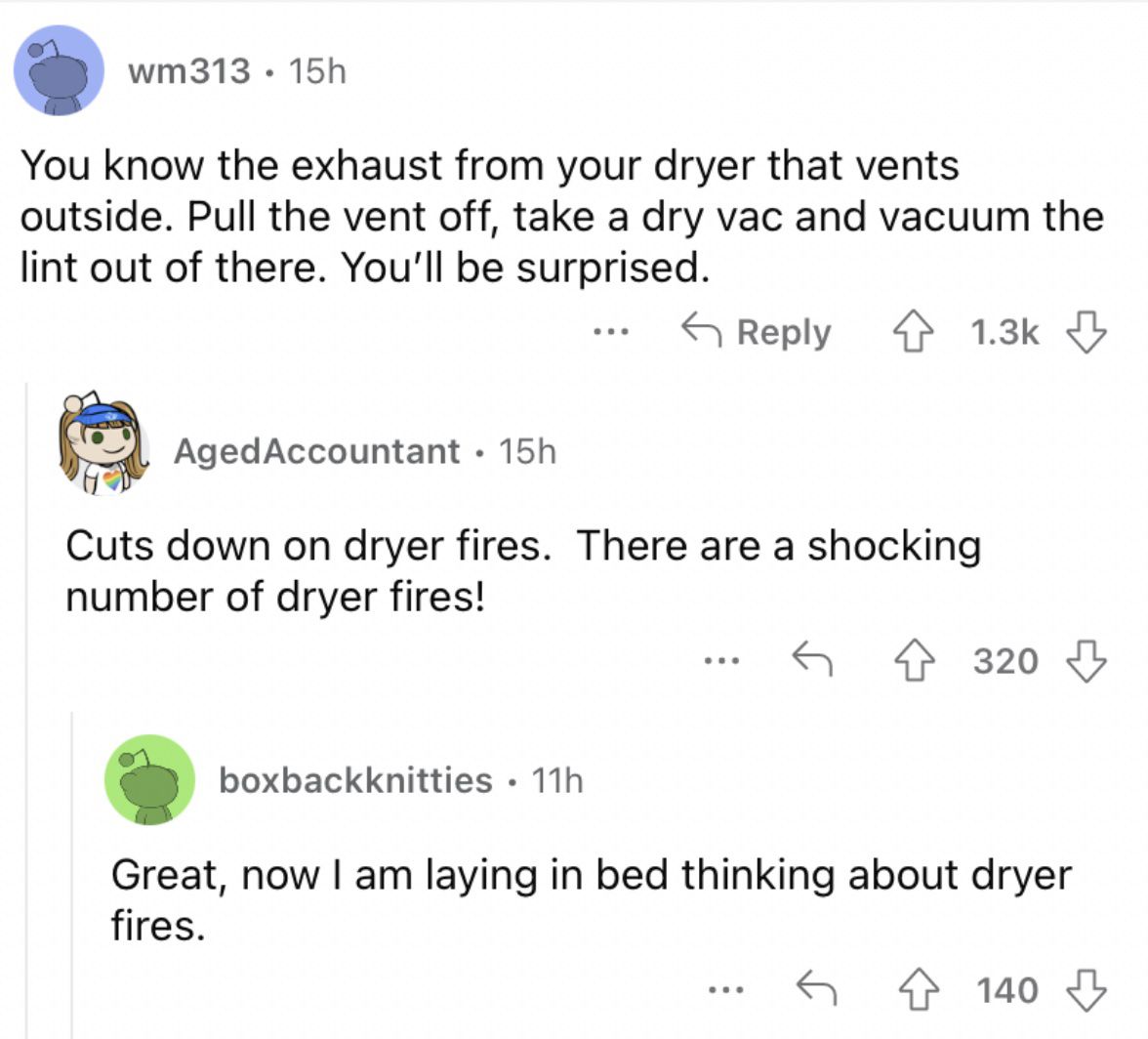 Reddit screenshot about the value of cleaning out your dryer vents of lint.