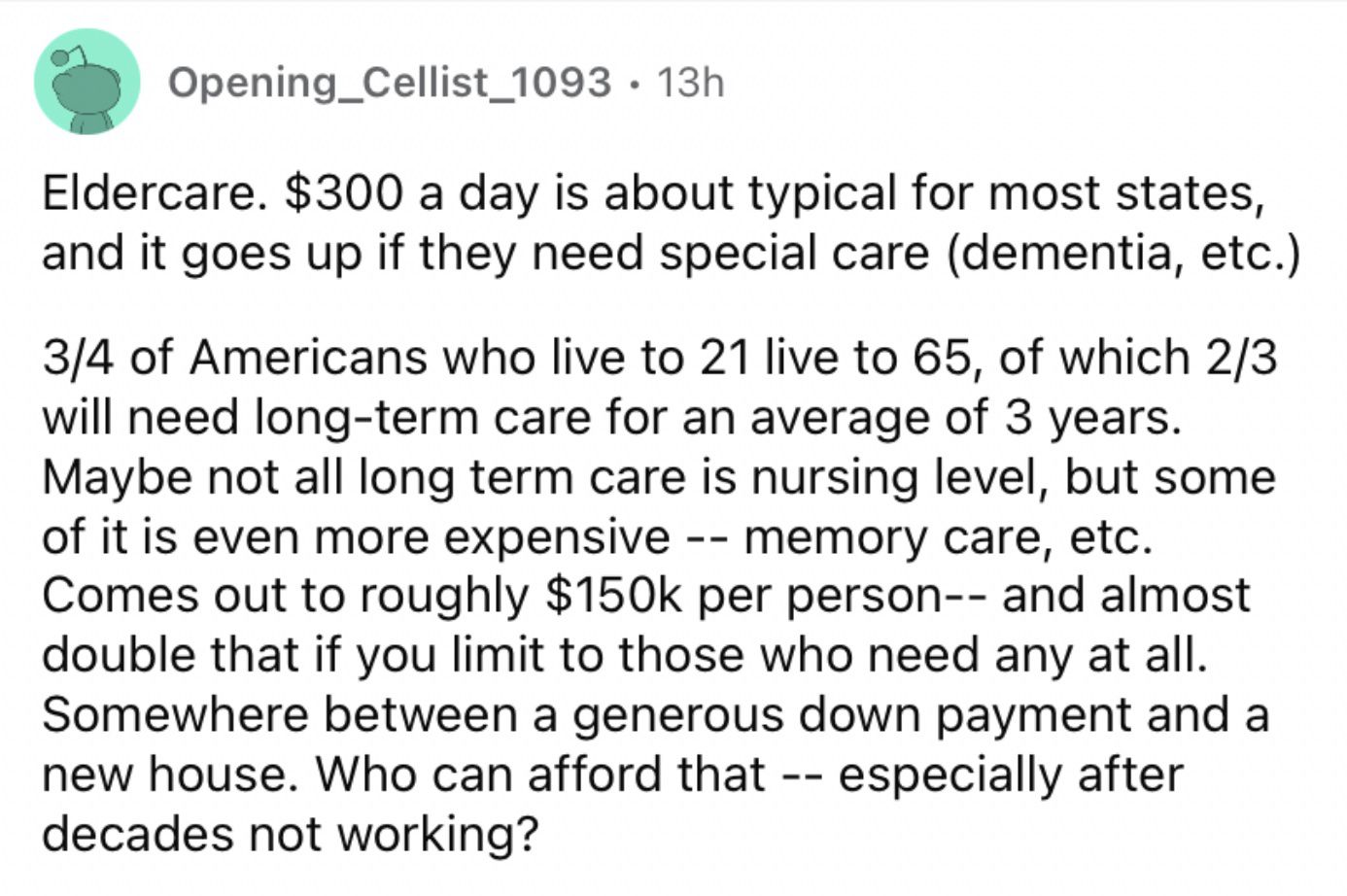 Reddit screenshot about the sky-high pricing of eldercare.