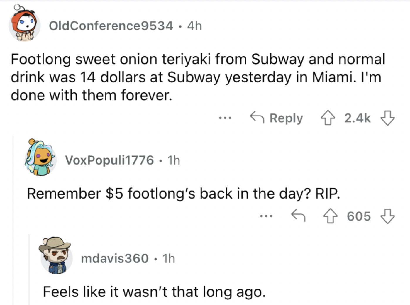 Reddit screenshot about how $5 footlongs used to be much cheaper