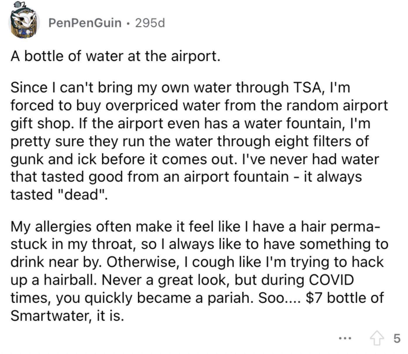 Reddit screenshot of someone complaining about costs of water bottles at the airport.