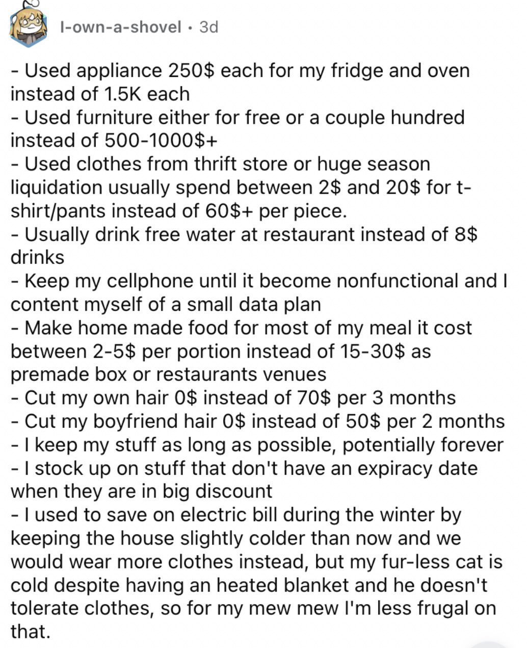 Reddit screenshot about the value of cutting your hair at home.