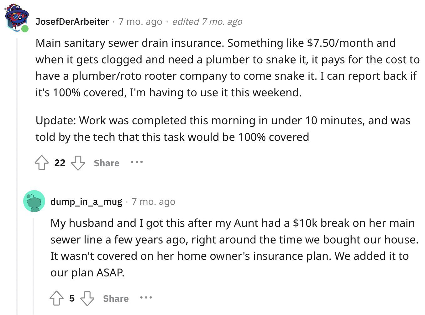 Reddit screenshot about the value of main sewer drain insurance.