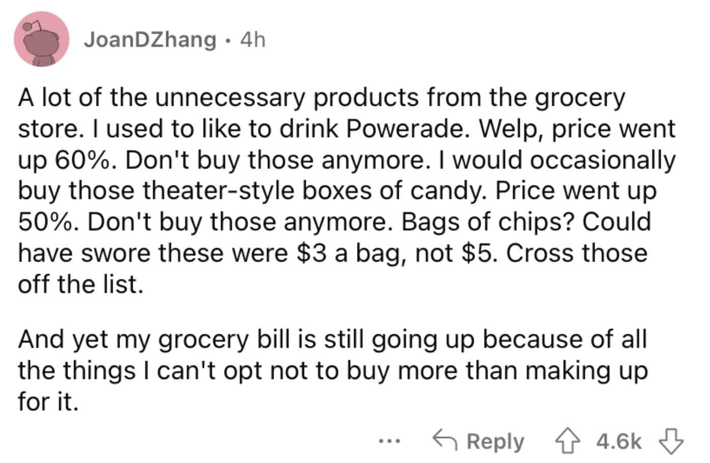 Screenshot about grocery store products being more and more expensive.