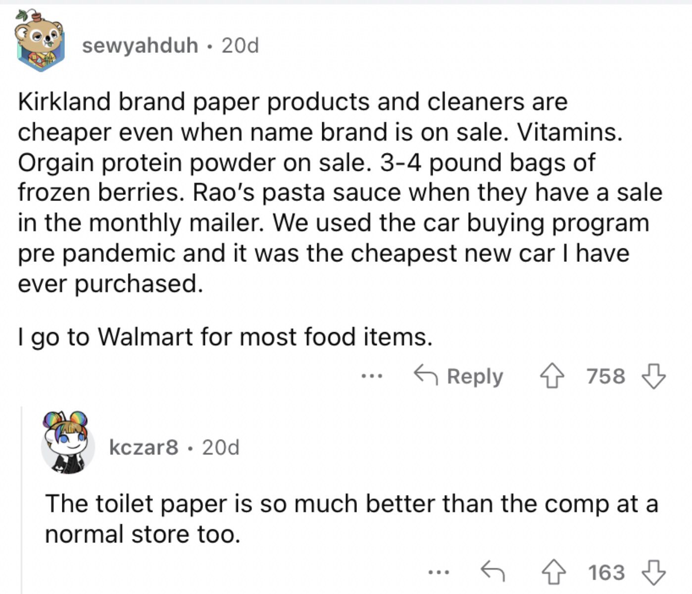 Reddit screenshot about how Costco has numerous great cheap items.