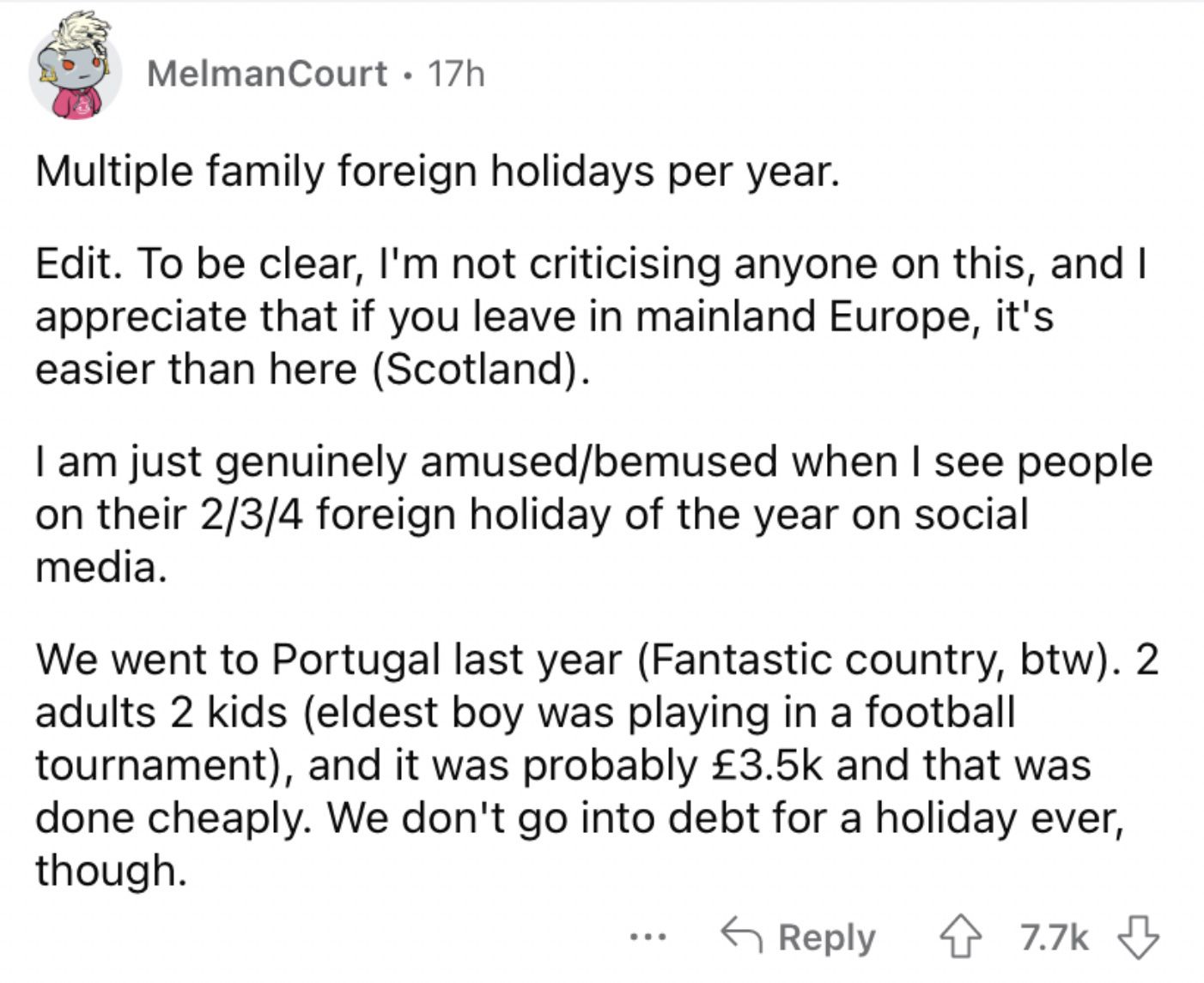 Reddit screenshot about how crazy it is that people take multiple family holidays each year.