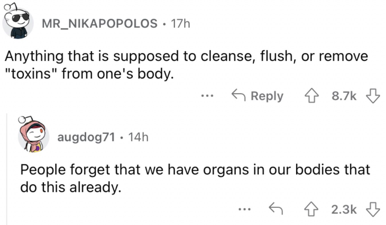 Reddit screenshot about various ineffective detox products.