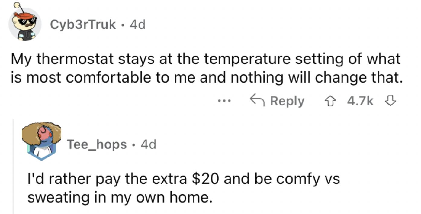 Reddit screenshot of someone talking about keeping their thermostat at the same temperature