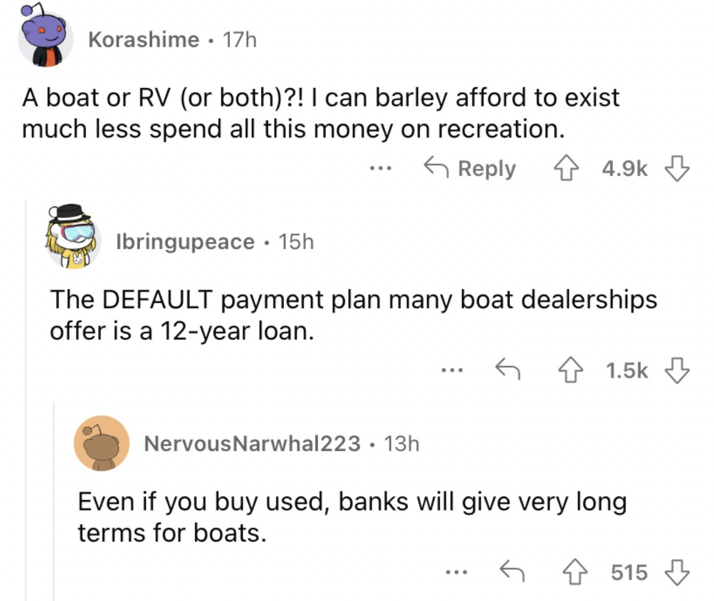 Reddit screenshot about how crazy it is that people still buy boats.