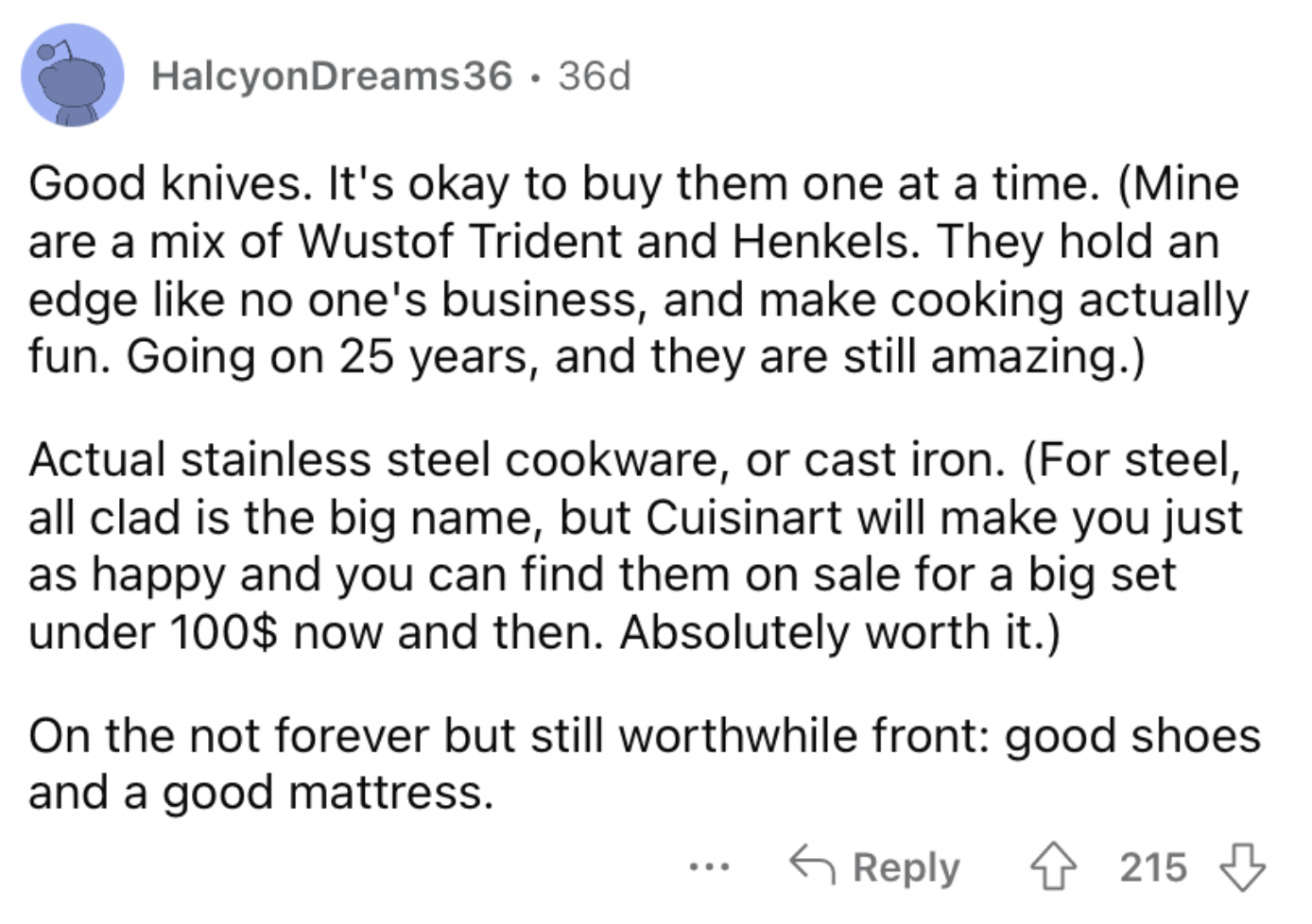 Reddit screenshot about the value of buying very nice knives.