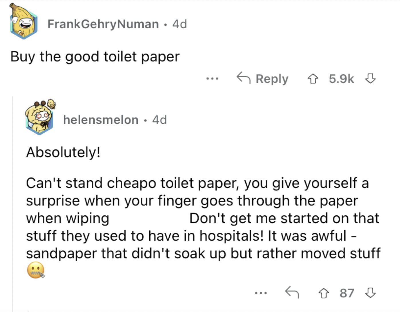 Reddit screenshot of someone talking about importance of high quality toilet paper