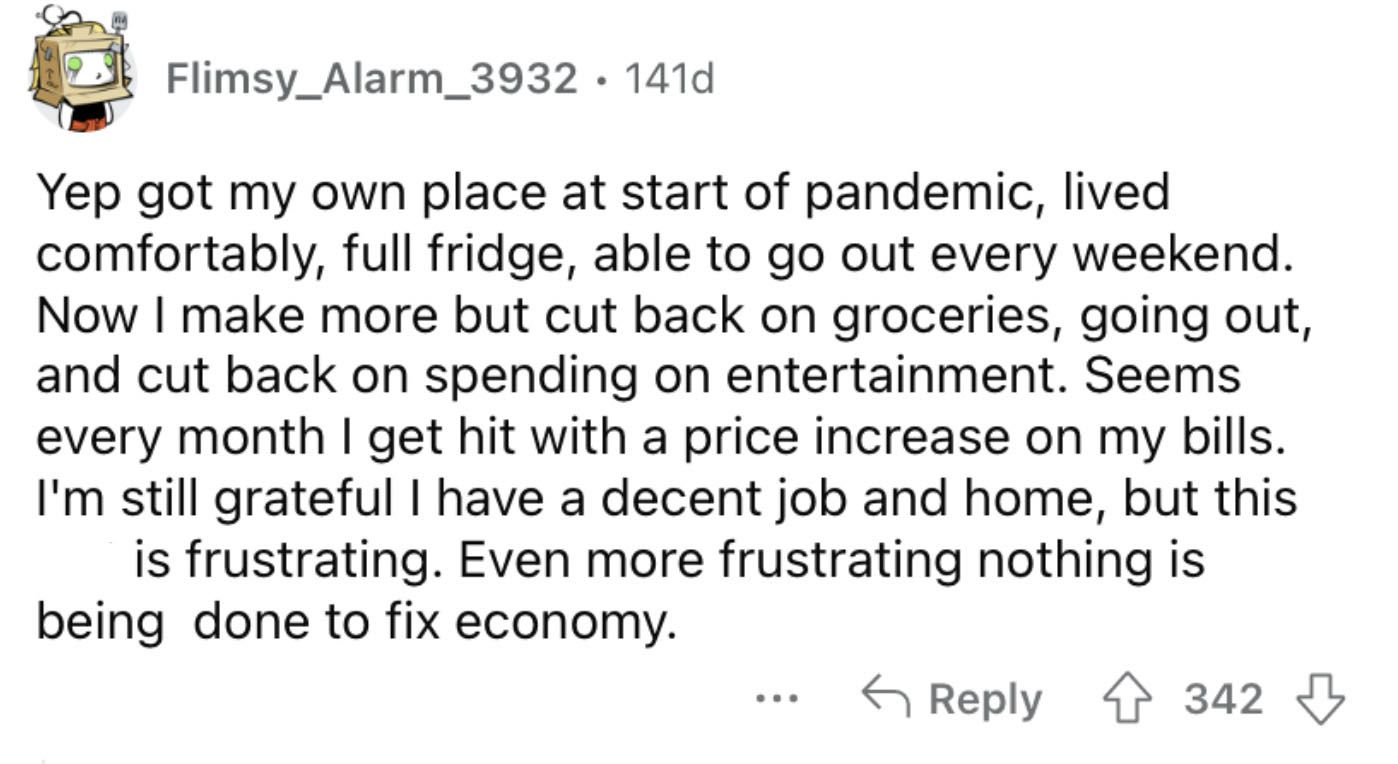Reddit screenshot about how inflation continues to get worse.
