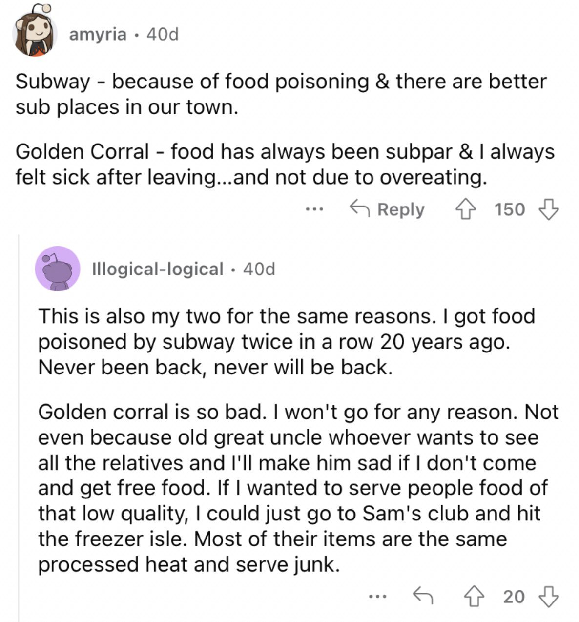 Reddit screenshot about how Subway is very risky when it comes to food poisoning.