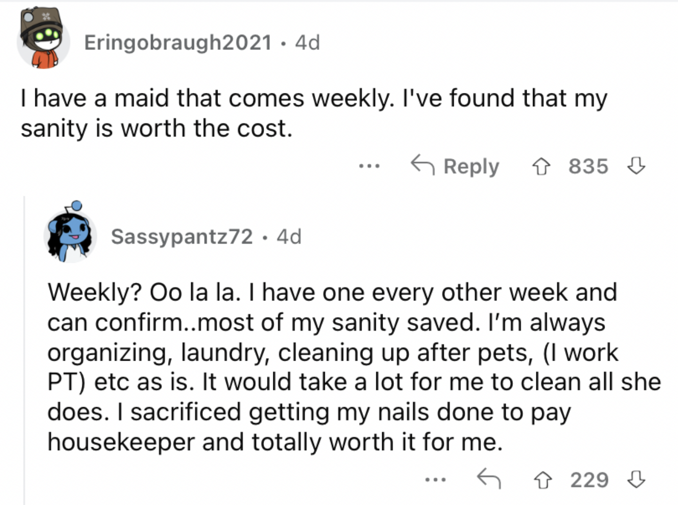 Reddit screenshot of someone talking about hiring consistent maid service