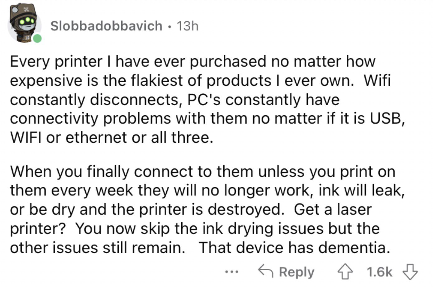 Reddit screenshot about how there are far too many faulty printers out there.
