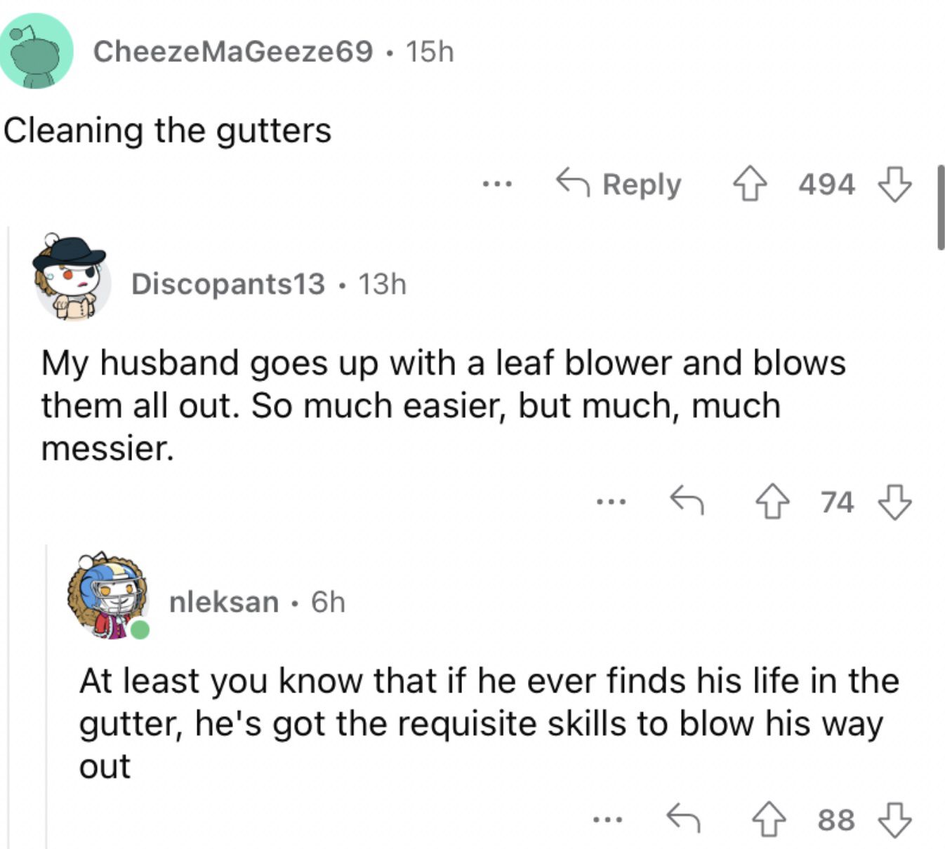 Reddit screenshot about saving money through cleaning your own gutter.