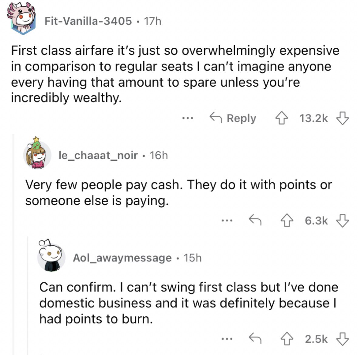 Reddit screenshot about how crazy expensive first class airfare is.
