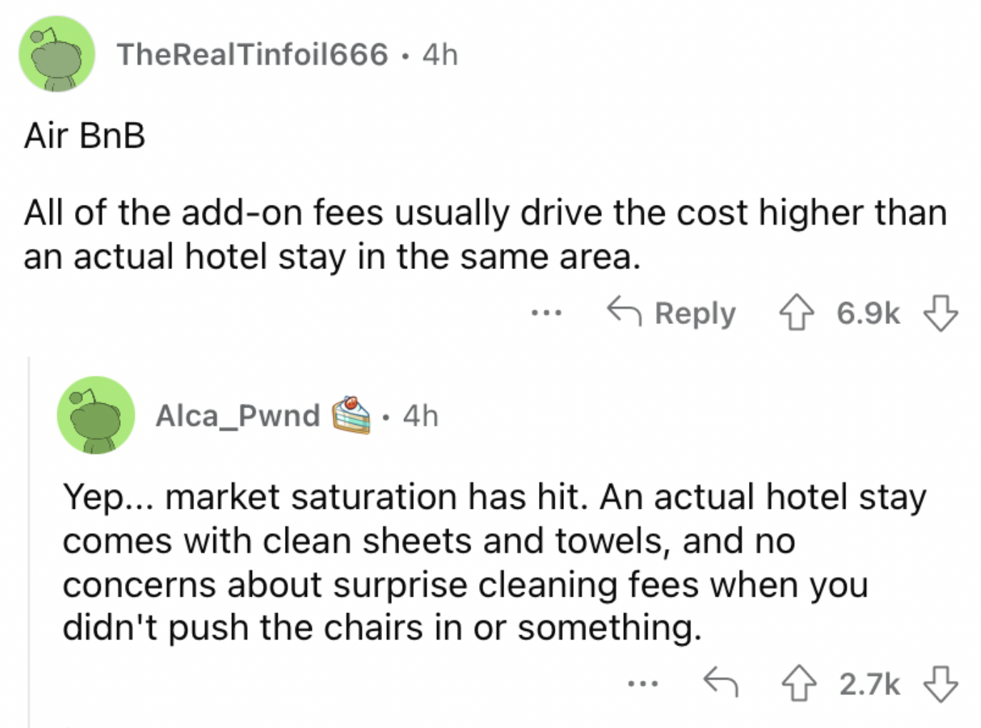 Reddit screenshot about how hotels are a better deal than AirBnBs.
