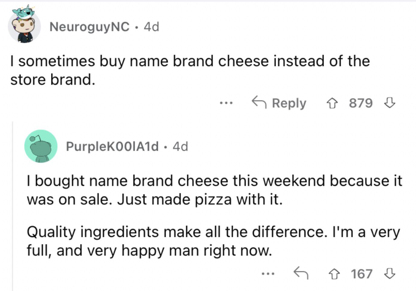 Reddit screenshot of someone talking about buying store brand cheese