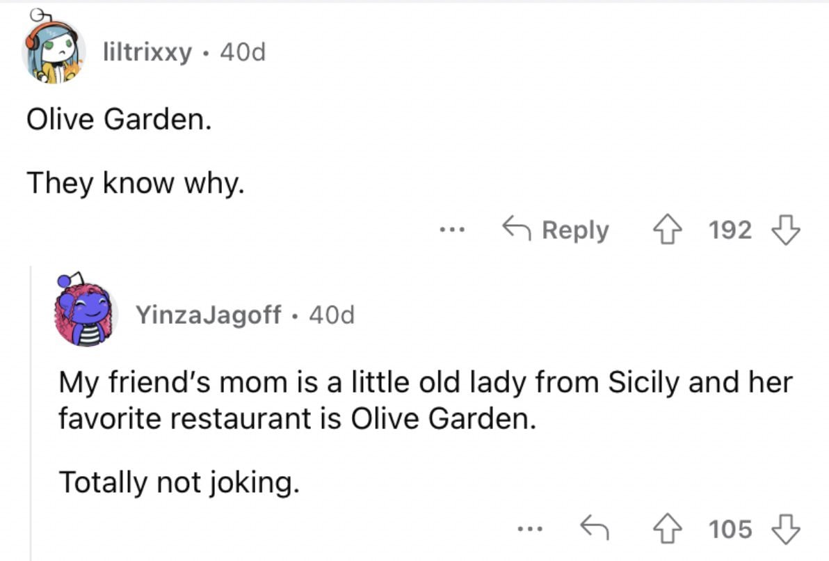 Reddit screenshot about someone not liking Olive Garden.