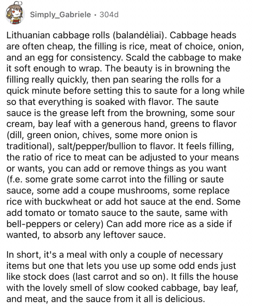 Reddit screenshot about Lithuanian cabbage rolls.