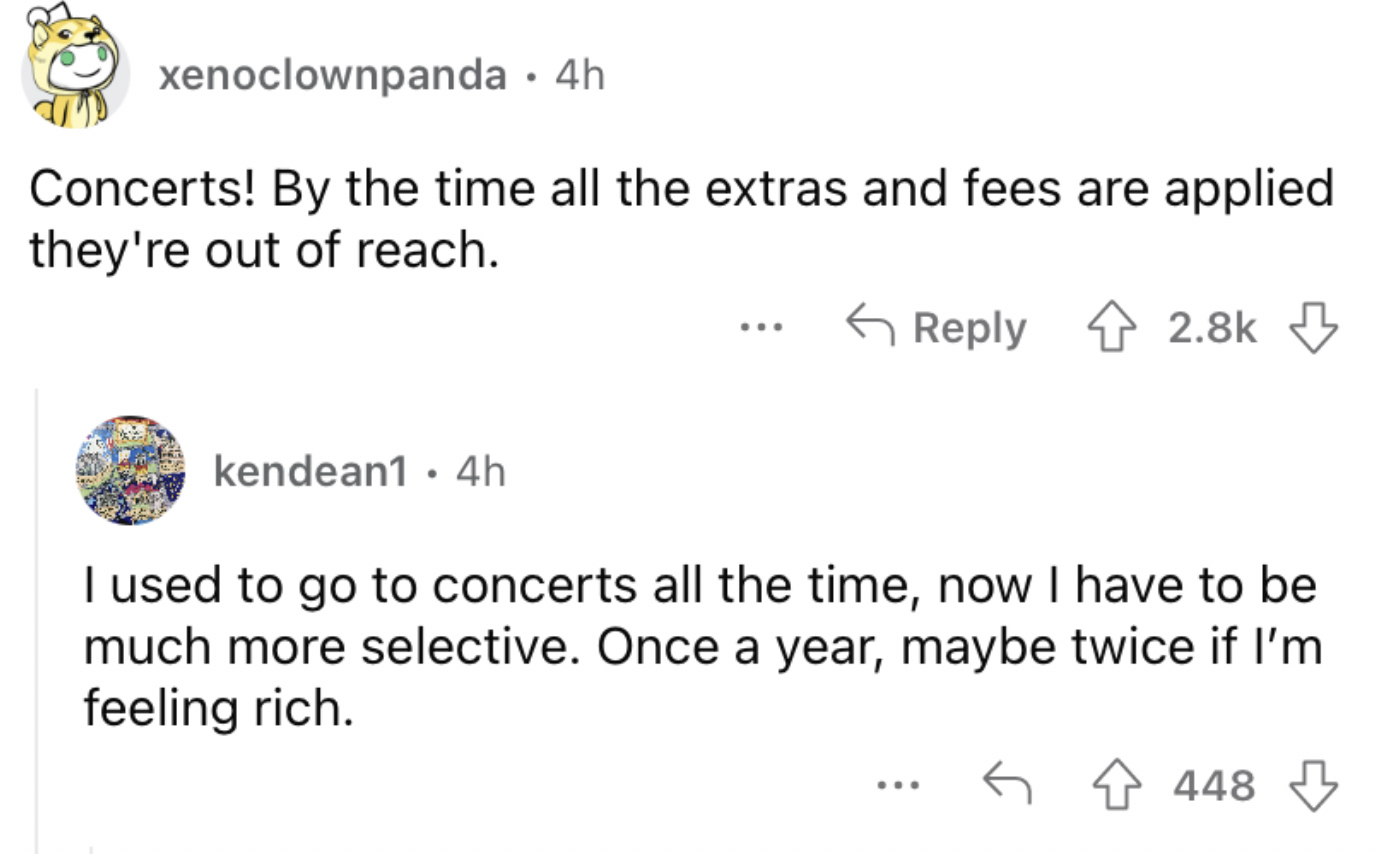 Reddit screenshot about how live concerts are very expensive.