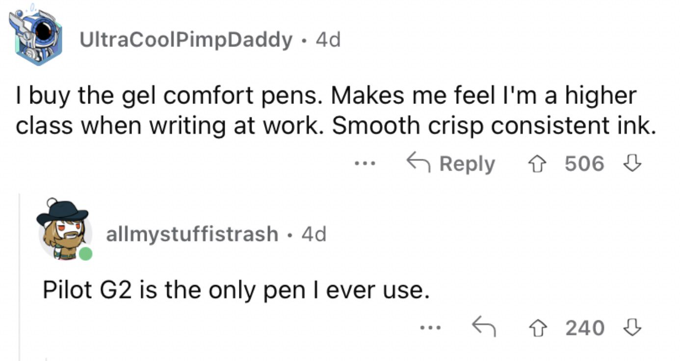 Reddit screenshot of someone talking about buying the fancier pens.