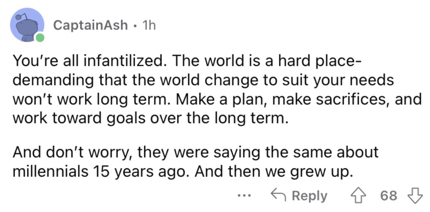 Reddit screenshot about how everyone is infantilized.