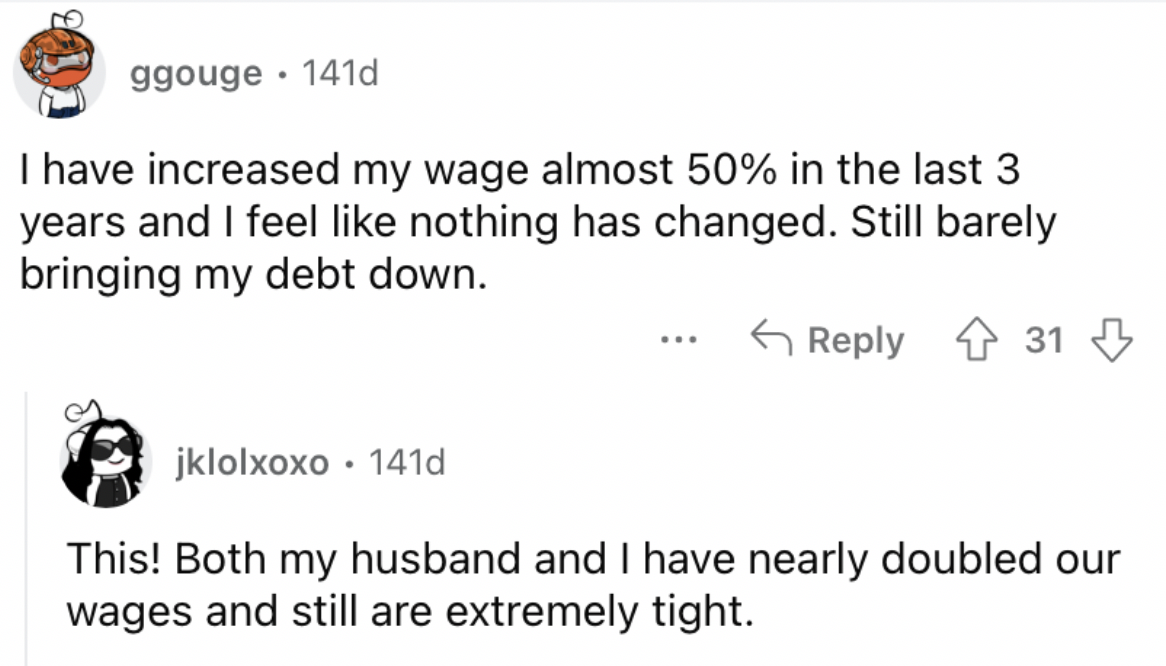 Reddit screenshot about increasing wage by almost 50% and still struggling financially.