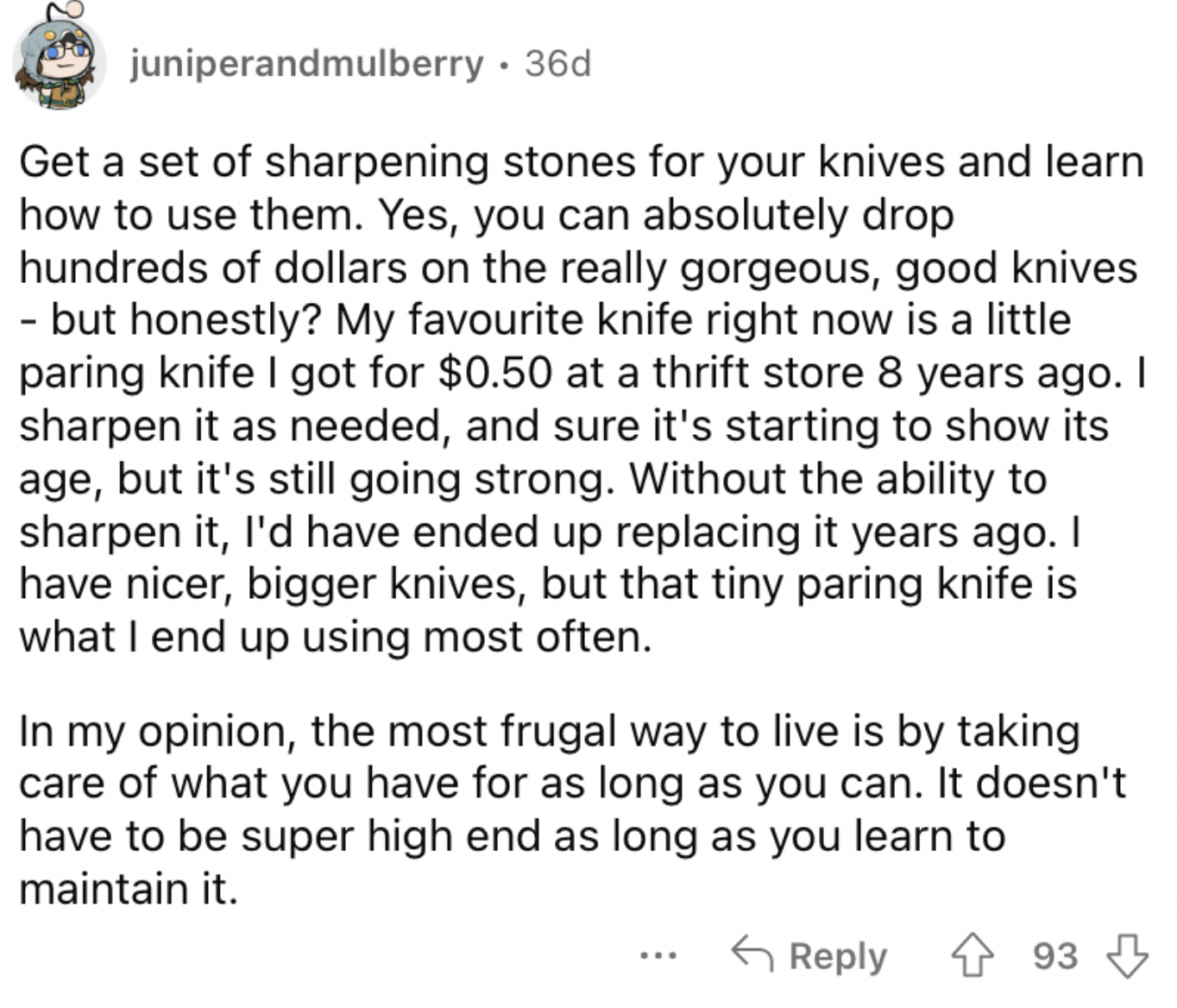 Reddit screenshot about the value of sharpening stones.